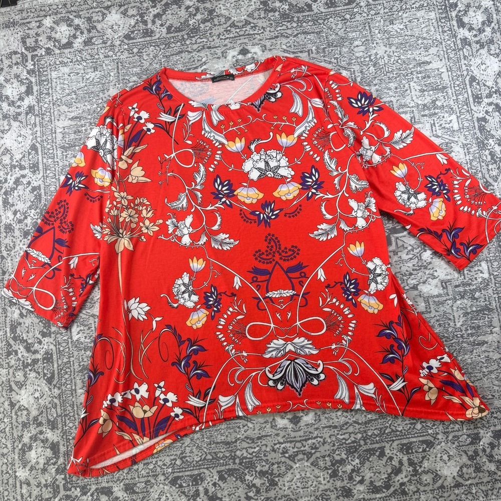 Ofeefan Floral Top Women Red Short Sleeve Round Neck Pleated Front - Size XXL